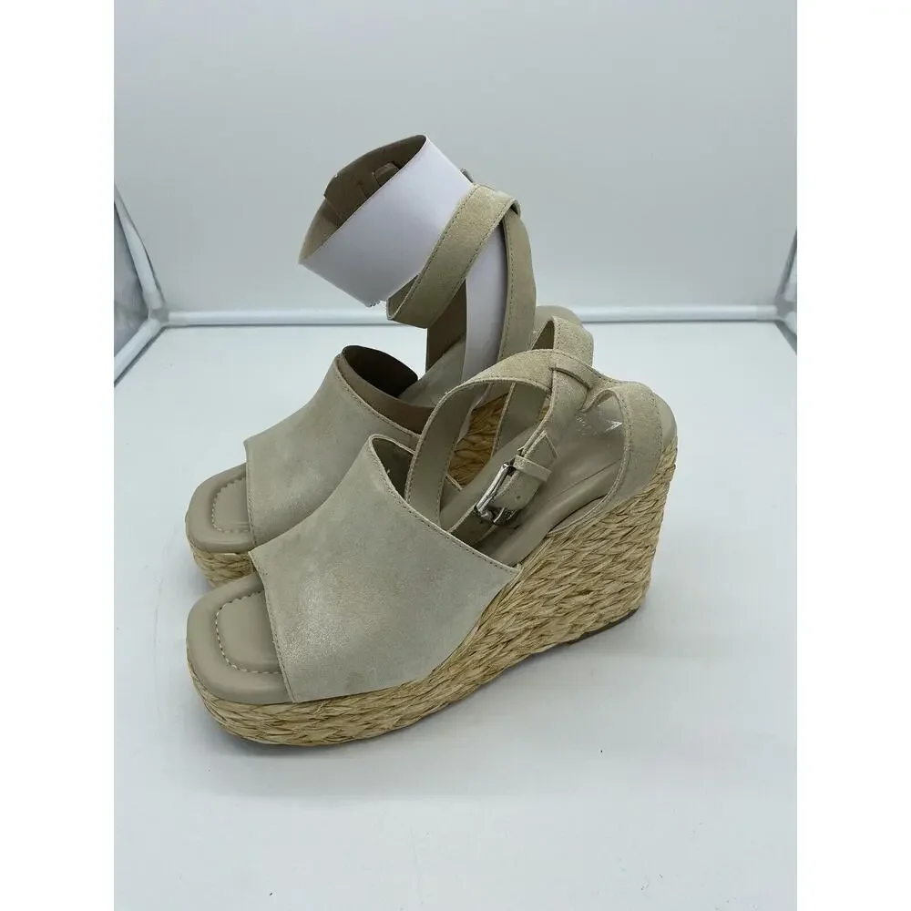 New Marc Fisher LTD Nelly Suede Espadrille Wedge Sandals Ankle Strap Natural 9M‎